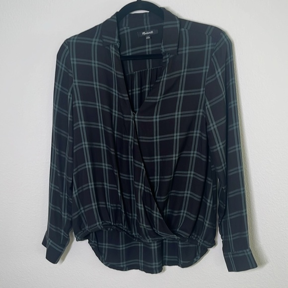 Madewell Surplice Wrap-Front Shirt Palma Plaid Green Soft Weave Size Small - Picture 3 of 8